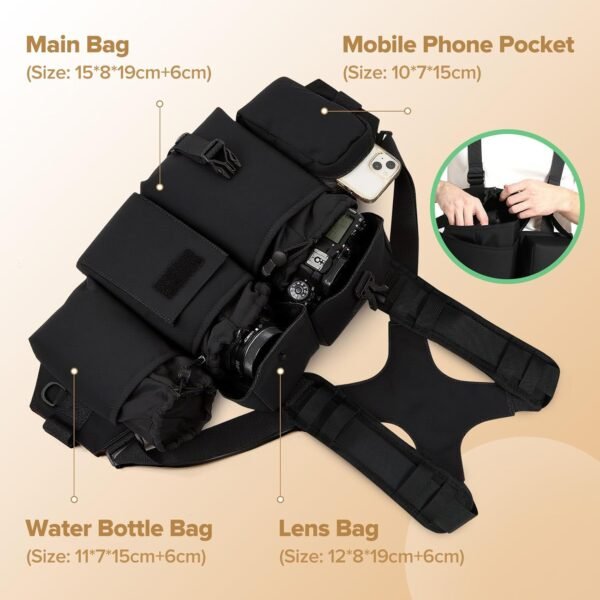 Camera Strap Chest Pack Waterproof Multifunctional Camera Bag Vest Waist Pack Adjustable Strap Suitable for Storing DSLR Camera Body Lens Smartphone Water Bottle(Black) - Image 5