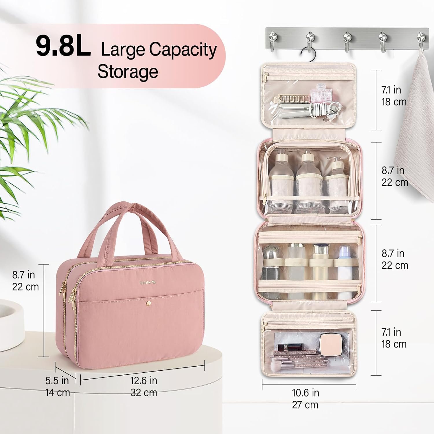 Hanke Hanging Travel Toiletry Bag for Women with Jewelry Organizer Compartment, Travel Essentials Toiletries and Makeup Bag, Water-Resistant & Stain-Resistant with Trolley Strap (Pink) - Image 2