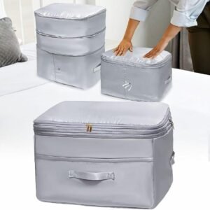 Comforter Storage Bags, Ultra Space Saving Self Compression Organizers, Double Zipper Compression Packing Cubes for Blankets Duvet Quilts Pillows Queen King Bedding Clothes (Gray, X-Large)