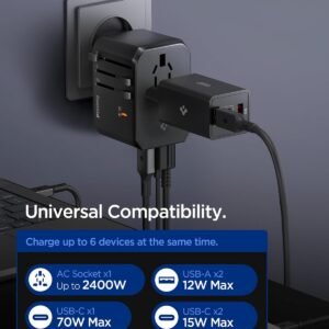 Spigen 70W Universal Travel Adapter, International AC Plug Adapter, International Travel Charger for EU UK AUS, Worldwide Travel Adapter, 2 USB-A & 2 USB-C Multiple Ports for Mobile, Tablet, Black
