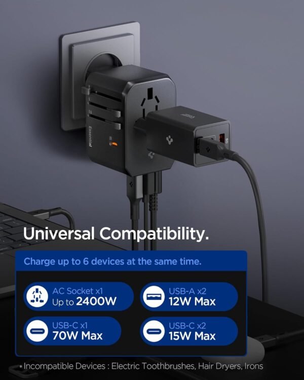 Spigen 70W Universal Travel Adapter, International AC Plug Adapter, International Travel Charger for EU UK AUS, Worldwide Travel Adapter, 2 USB-A & 2 USB-C Multiple Ports for Mobile, Tablet, Black - Image 2
