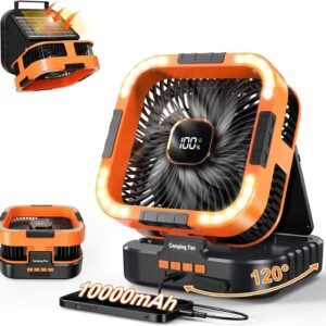 Portable Camping Fan with Solar Panel, 10000mAh Solar Powered fan, 6 Speed Levels, 120° Oscillation, 3 Light Modes, 6H Timer, Handle, Foldable Rechargeable Outdoor Fan for Tent, Hiking, Beach