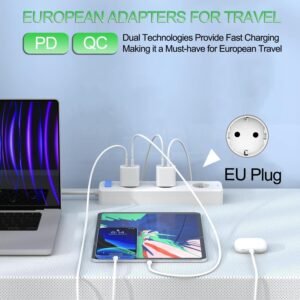 2 Pack European Plug Adapter USB C, European Travel Plug Adapter PD20W QC18W Europe Charger Fast Charging Block European USB C Charger Block for iPhone 16 15 14 13 12 11, Galaxy, LG, Pixel