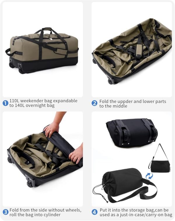 CONTAIL 32”110L Expandable 140L Rolling Duffle Bag with 2 Inline Wheels,Convertible Weekend Travel Bag with Bungee-Cord System,Army Green - Image 7