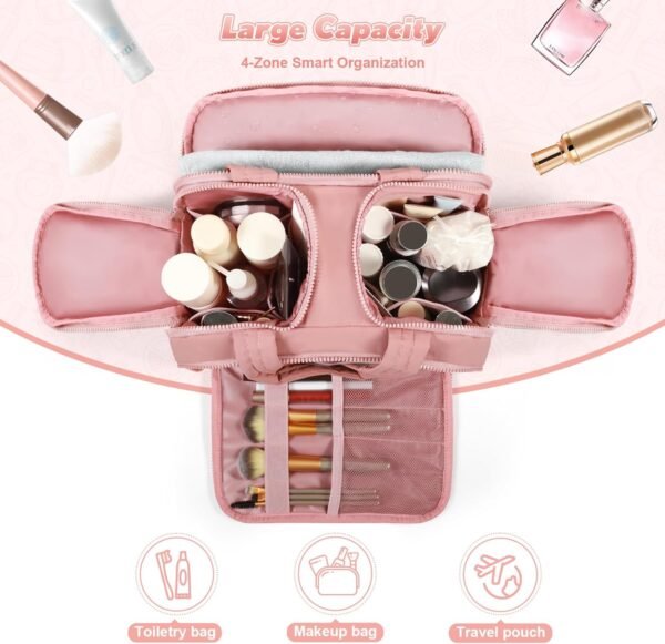 Travel Toiletry Bag: ​​ Large Capacity, 4 Compartments, Wet/Dry Separation, Ultra-Soft Lightweight Fabric & Anti-Spill Design for Travel,Gym,Gift(11.8" L)​ (Raspberry Pink) - Image 3
