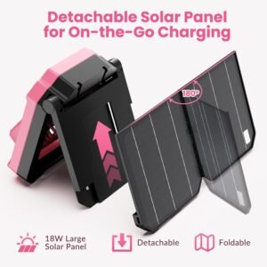 26800mAh Portable Fan Rechargeable with 18W Detachable Solar Panel, Quiet Battery Powered Camping Fan Cordless with LED Lantern,3 Speed,Timer,USB-C,for Bedroom Tent Home Office Desk Hurricane(Pink)