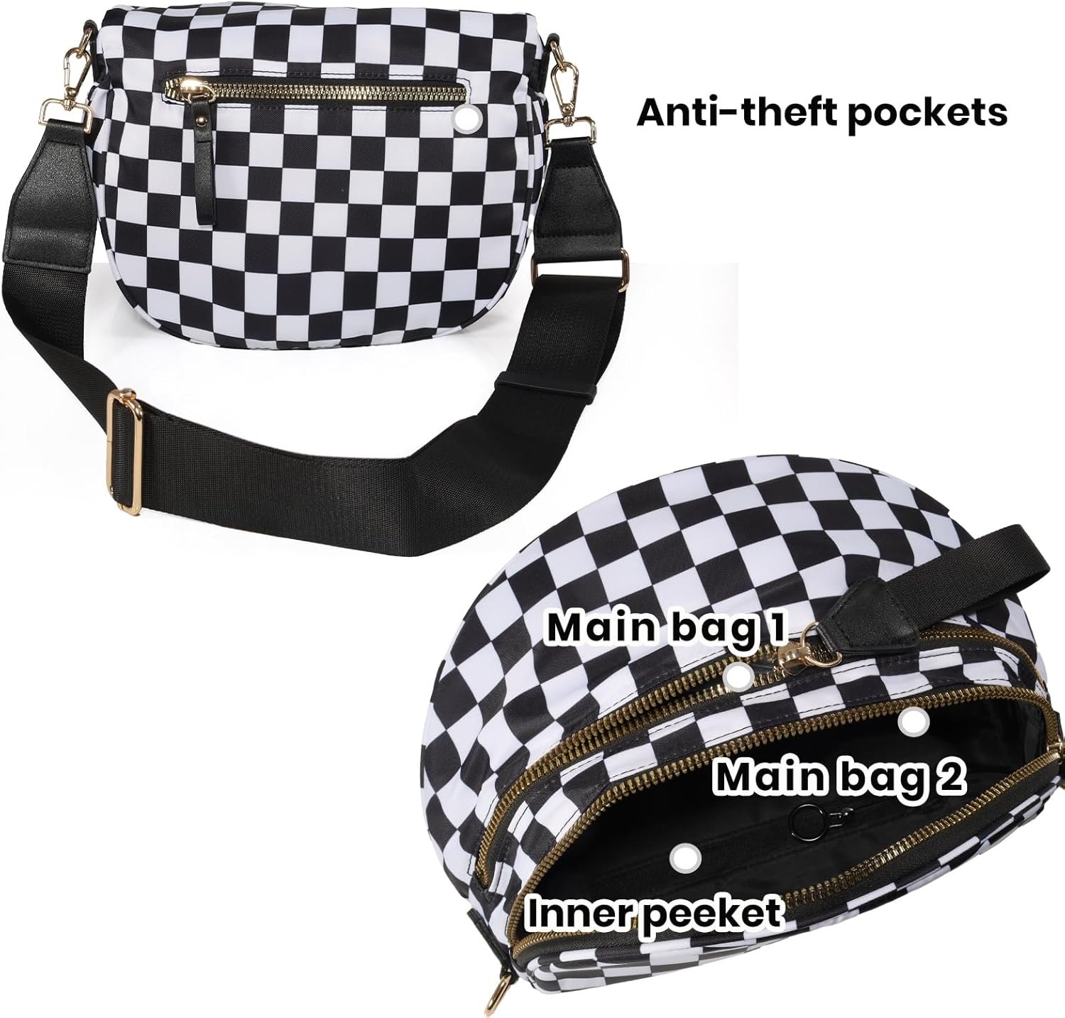 Checkered Crossbody Bum Bags for Women, Spacious Nylon Sling Bag Fanny Pack with Adjustable Shoulder Strap Belt Bag (Black-White Checkered) - Image 5