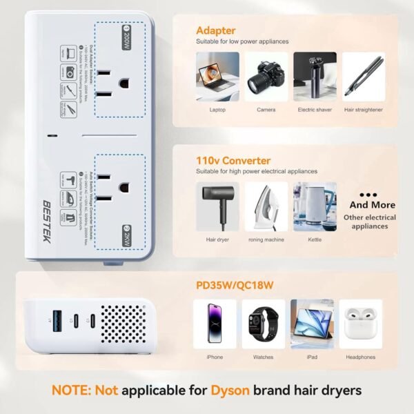 BESTEK 220v to 110v Voltage Converter US to Europe: 2000W Travel Voltage Converter for Hair Dryer & 200W Convert 220V to 110V for Curling Iron, Straightener - Image 5