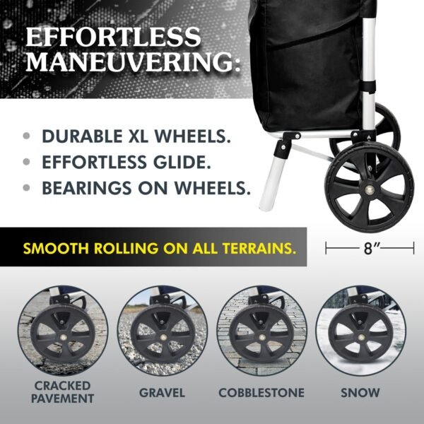 Ultra-Lightweight Black Foldable Shopping Cart for Groceries - Large 42L Capacity Soft Rolling Wheels, Removable Bag, Multi-Function Personal Hand Truck - Image 6