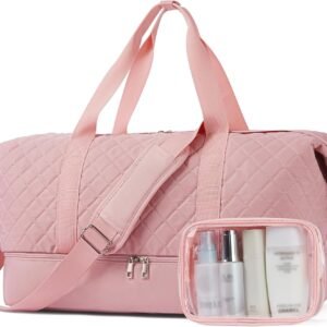 BOSTANTEN Large Travel Duffle Bag with Shoe Compartment and Trolley Sleeve, Waterproof Weekender Bags for Women, Pink