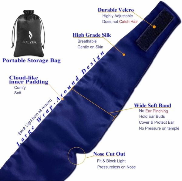 Nature Silk Sleeping Mask Soft Featherweight Eye Mask Large Wrap-Around Blindfold with Adjustable Velcro Blackout for Wild Sleeper Nose Cut (NavyBlue) - Image 2