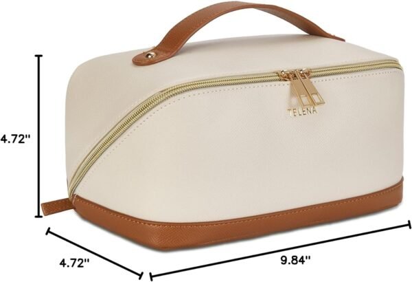 Telena Makeup Bag Large Capacity Travel Cosmetic Bag Portable PU Leather Water Resistant Makeup Organizer Bags for Women with Handle and Divider Open Flat Beige with Brown - Image 9
