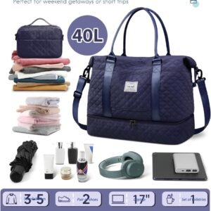 BAGAIL Travel Duffel Bag – Weekender & Overnight Gym Carry On Tote with Wet Pocket – Hospital Mom Bag for Labor and Delivery – Extra Large, Grid-Navy Blue