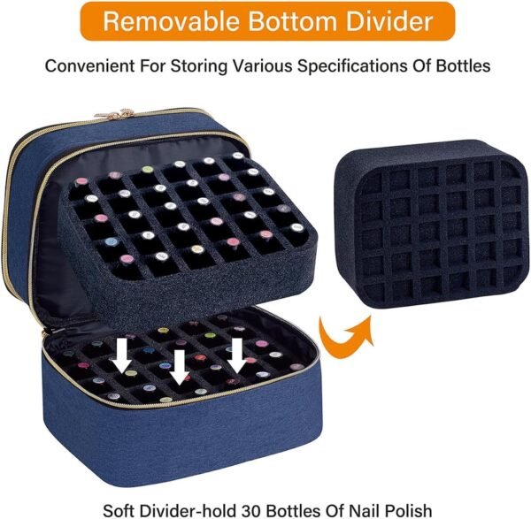Nail Polish Organizer Bag Double Layer Capacity Portable Travel Storage Case Holds 30 Bottles (15 ml/0.51 floz) Nail Supplies Holder Bag Designed for Nail Tools Blue - Image 5