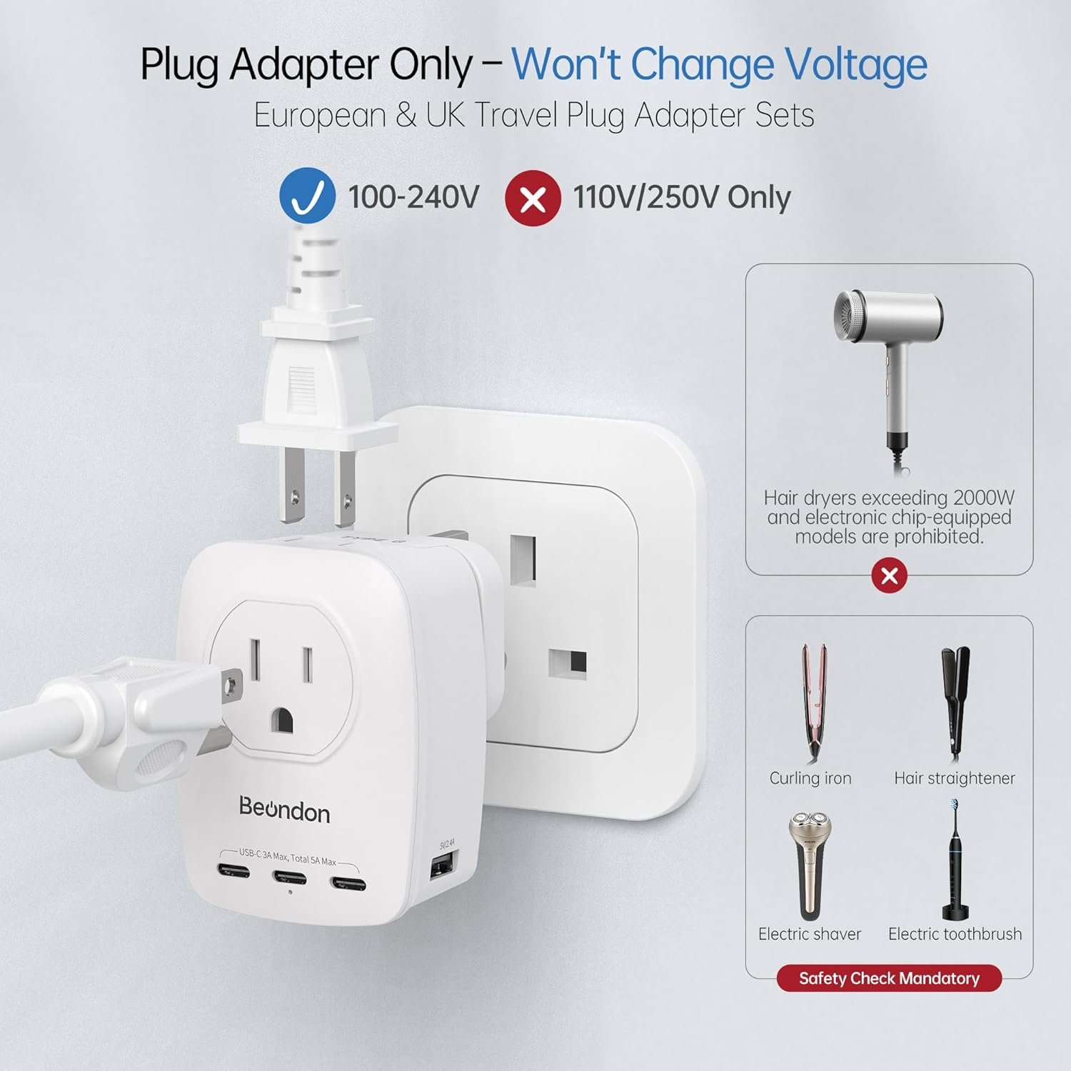 BEONDON European Travel Adapter Kit with Detachable Plugs (C/E/F/G) for UK, France, Germany, Italy, Spain & More - 2 US Outlets & 5 USB Ports (3 USB C) - Multi-Device Charger - Image 5