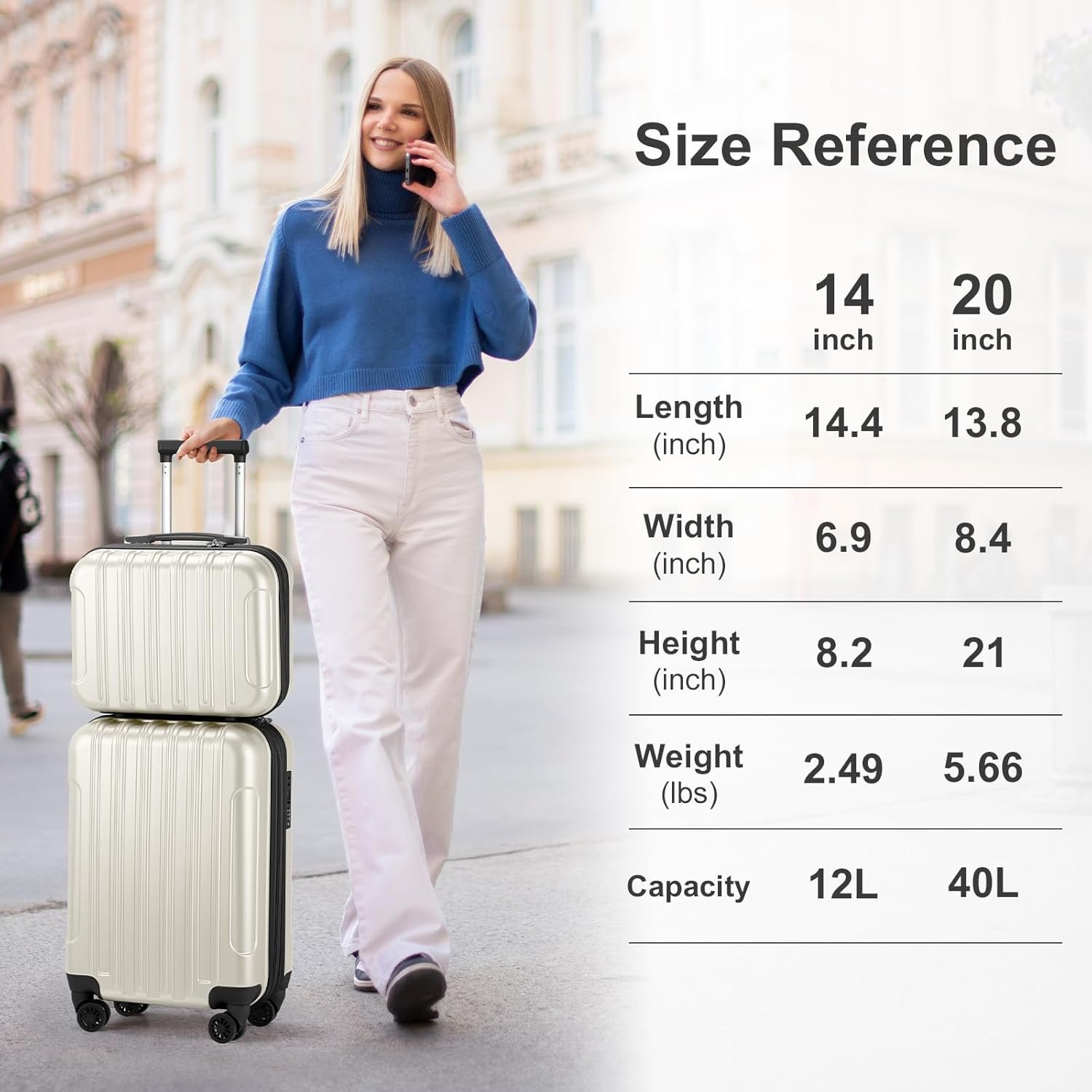 Karl home Expandable Carry on Luggage Airline Approved, 2 Piece Hardshell Luggage Set with TSA Lock & Spinner Wheels, 20" Hardside Suitcase with 14" Cosmetic Case for Women Men Traveling, White - Image 2