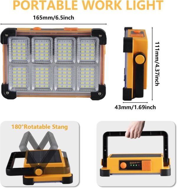 120W Solar Rechargeable Work Light, 144 LED 10000LM Portable Flood Light with Stand, IP66 Waterproof 4 Modes LED Job Site Lighting Flashlights for Mechanic Camping Fishing Car Repair - Image 4