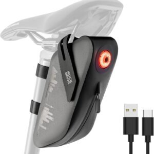ROCKBROS Bike Saddle Bag with Smart Tail Light,0.8L Waterproof & Resistant Bike Bag Under Seat,Reflective Bike Seat Bag and 3 Magic Straps for Road & Mountain Bikes