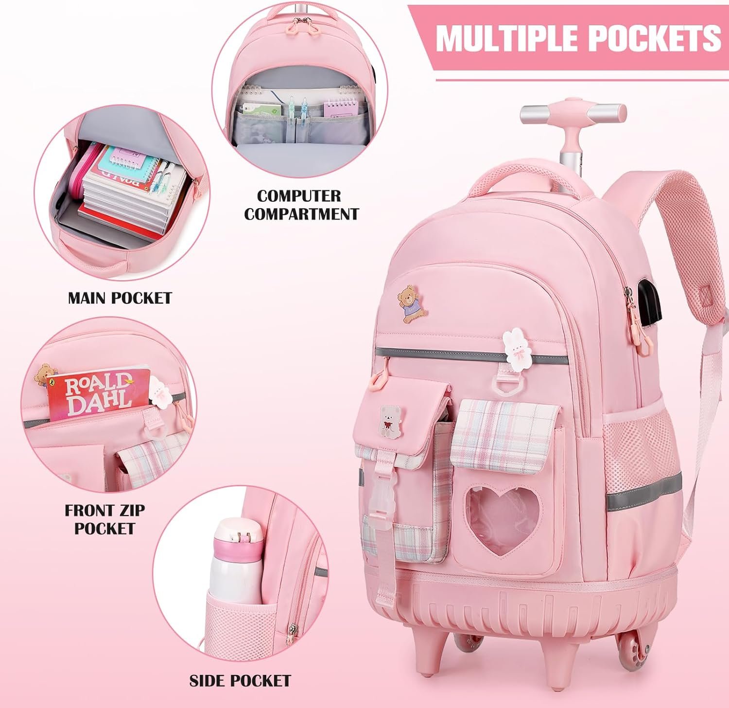 Rolling Backpack for Girls - Roller Wheels School Bookbag with Lunch Bag & Pencil Pouch for Teen Girls Kids Wheeled Suitcase Backpacks, Elementary Middle School Travel Daypack (Pink) - Image 3