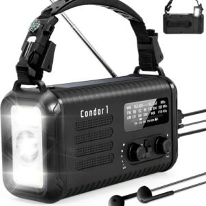 Emergency Weather Radio (Condor 1) NOAA/AM/FM with 74000mWh Portable Radio, USB-C/Solar/Hand Crank Charging, SOS Alarm, Flashlight, Reading Lamp & Survival Handle Kit for Indoor/Outdoor (Black)