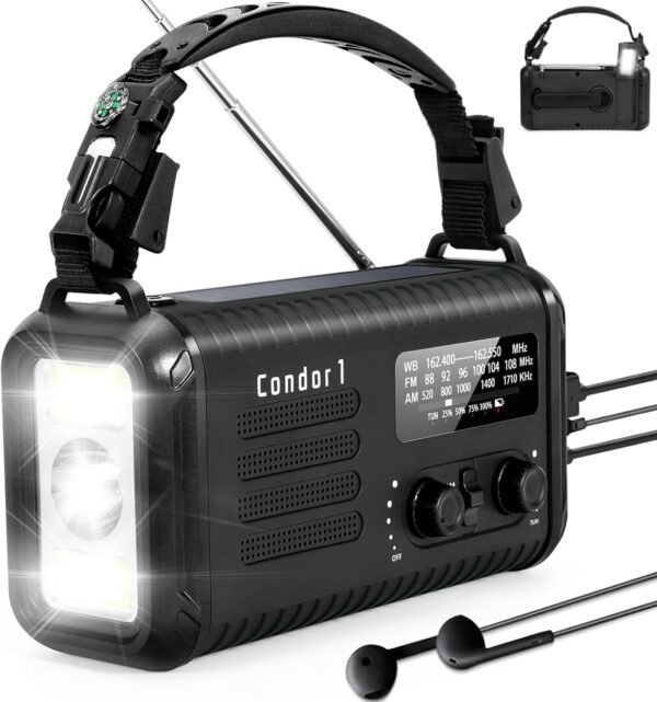 Emergency Weather Radio (Condor 1) NOAA/AM/FM with 74000mWh Portable Radio, USB-C/Solar/Hand Crank Charging, SOS Alarm, Flashlight, Reading Lamp & Survival Handle Kit for Indoor/Outdoor (Black)