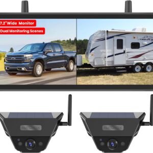 Solar Backup Camera Wireless for RVs and Trailers No-Installation – 7.2″ HD 1080P Monitor,Dual Camera System, Strong Magnetic Scratch-Proof Rear View Camera for Trucks, Campers, SUVs, and Cars