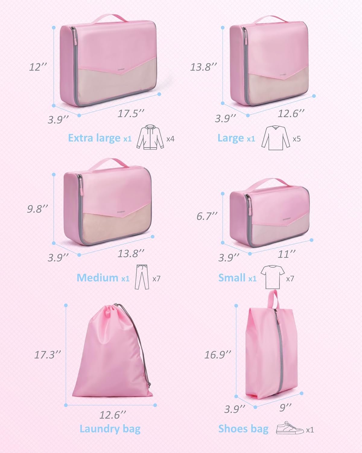 BAGSMART Packing Cubes for Travel, 6 Set Lightweight Travel Packing Cubes for Suitcases, Suitcases Organizer & Travel Cubes for Packing Baby Pink, BM0104022 - Image 3