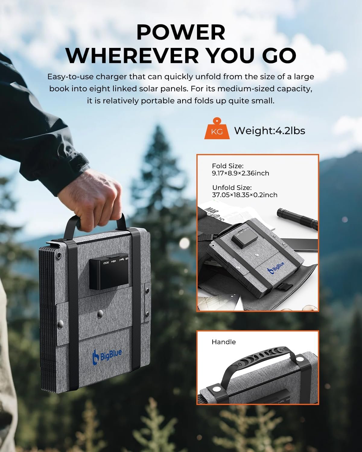 BigBlue 60W Portable Compact Solar Panel with PD 45W USB-C, 20W USB-A, DC Ports for Power Stations, Cellphones, Power Banks, Tablets, IP68 Waterproof, Foldable Camping Solar Charger with Kickstand - Image 4