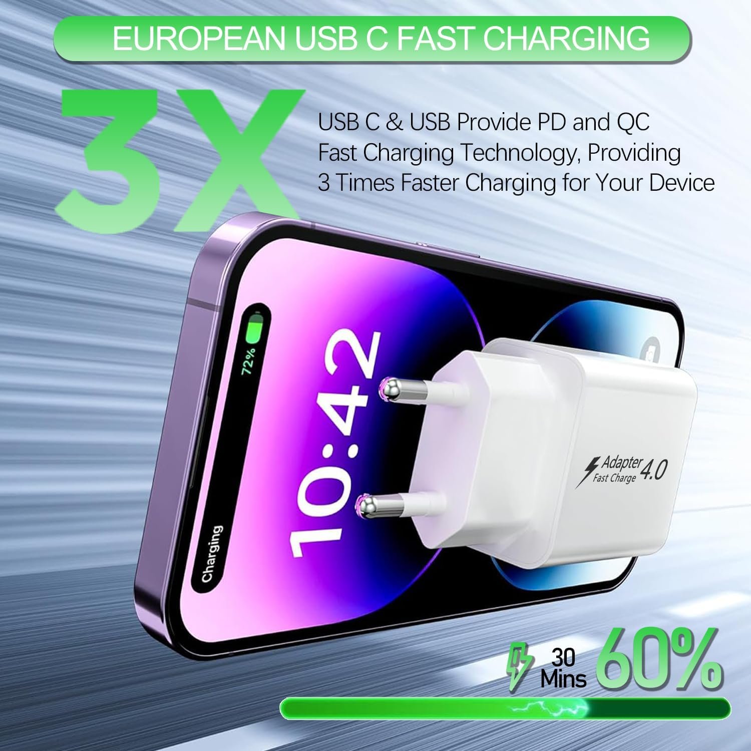 2 Pack European Plug Adapter USB C, European Travel Plug Adapter PD20W QC18W Europe Charger Fast Charging Block European USB C Charger Block for iPhone 16 15 14 13 12 11, Galaxy, LG, Pixel - Image 3
