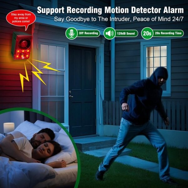 ChunHee Solar Outdoor Motion Sensor Alarm with Dog Barking Gunshot Sound, Support Recording and Adjustable Volume, 130db Loud Noise Maker 3 Work Modes Strobe Light for Home, Villa, Farm, Barn (6pack) - Image 3