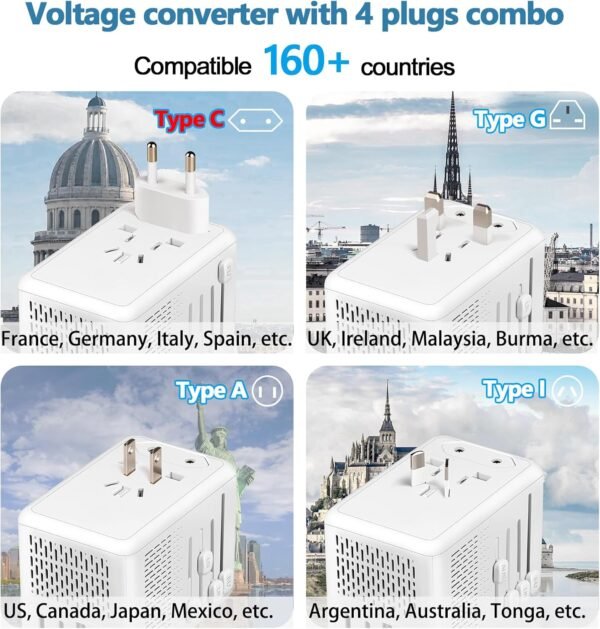 Mapambo 220V to 110V Voltage Converter US to Europe for Hair Dryer with 3 USB A 1 USB C International European Universal Travel Adapter Worldwide (White) - Image 4