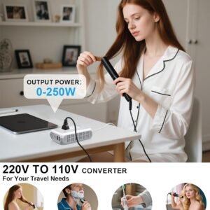 220V to 110V Converter, Mapambo 250W Voltage Conterver US to Europe, Step Down Converter for Curling Iron, Straightener-2 AC Sockets with 2 USB-A & 2 USB-C Ports