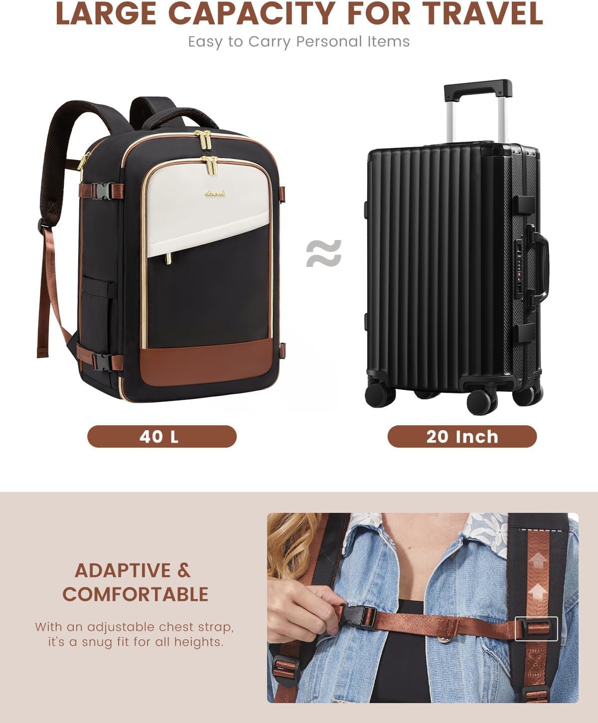 LOVEVOOK Travel Backpack for Women, 40L Carry On Backpack Flight Approved, Large Personal Item Bag Fits 17 inch Laptop, TSA Approved Luggage with 3 Packing Cubes,Waterproof Weekender Gym Daypack - Image 3