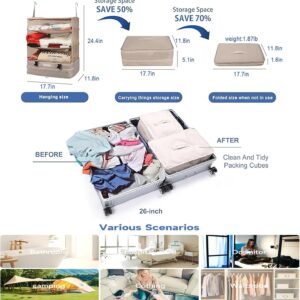 Portable Hanging Travel Shelves, Suitcase Organizer, Packing Cubes for Travel, Carry-On Closet Insert, X-Large Capacity Travel Bags Collapsible 4-Shelf Travel Closet with 2 Hooks (Beige)