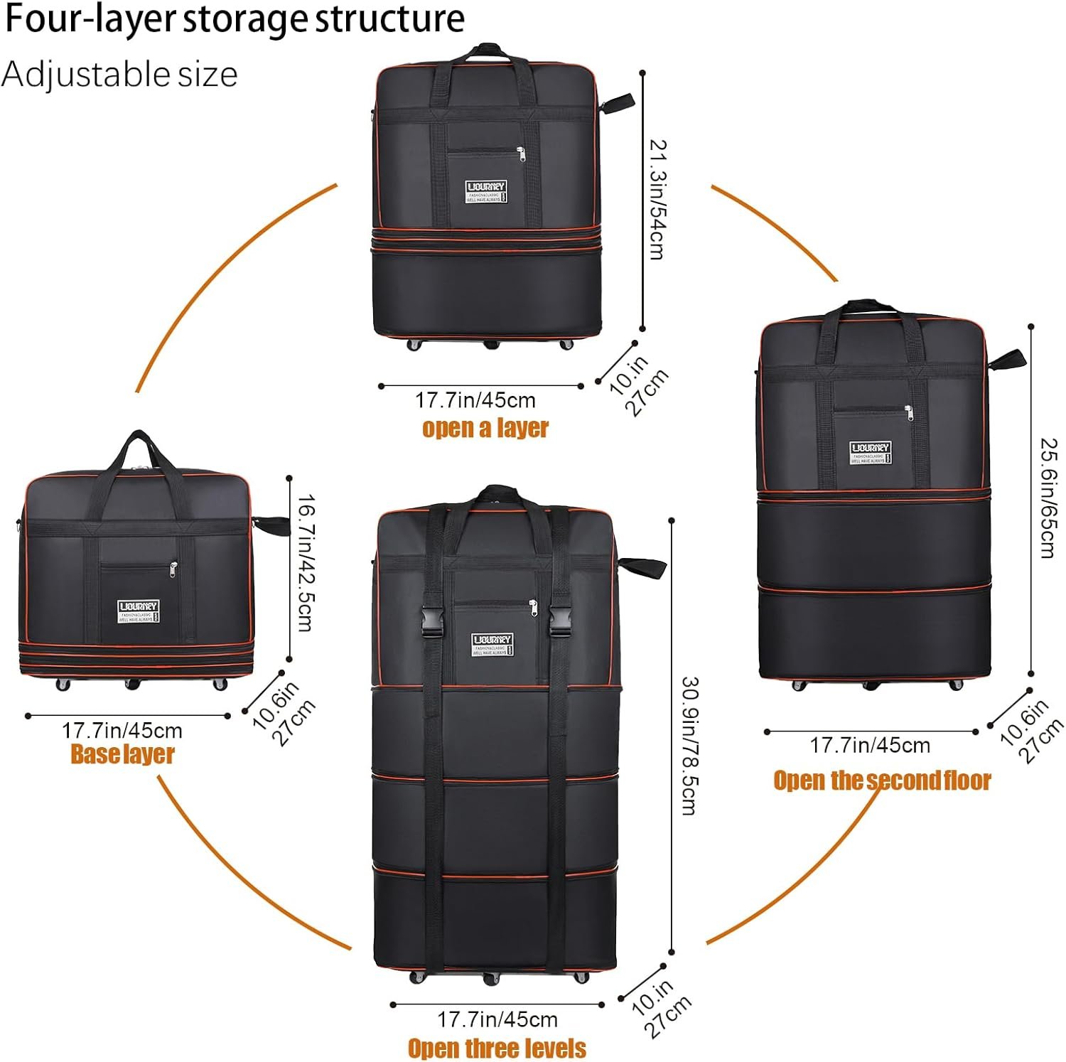 Expandable Large Capacity Travel Bag Oxford Cloth Duffel Bag with Wheels Lightweight Waterproof Travel Foldable Suitcase(Black) - Image 5