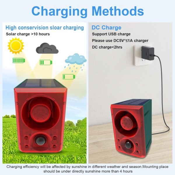 ChunHee Solar Outdoor Motion Sensor Alarm with Dog Barking Gunshot Sound, Support Recording and Adjustable Volume, 130db Loud Noise Maker 3 Work Modes Strobe Light for Home, Villa, Farm, Barn (6pack) - Image 6