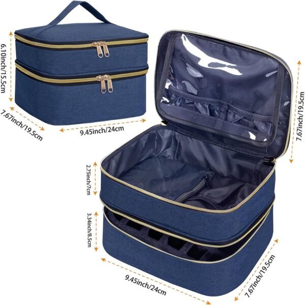 Nail Polish Organizer Bag Double Layer Capacity Portable Travel Storage Case Holds 30 Bottles (15 ml/0.51 floz) Nail Supplies Holder Bag Designed for Nail Tools Blue - Image 2