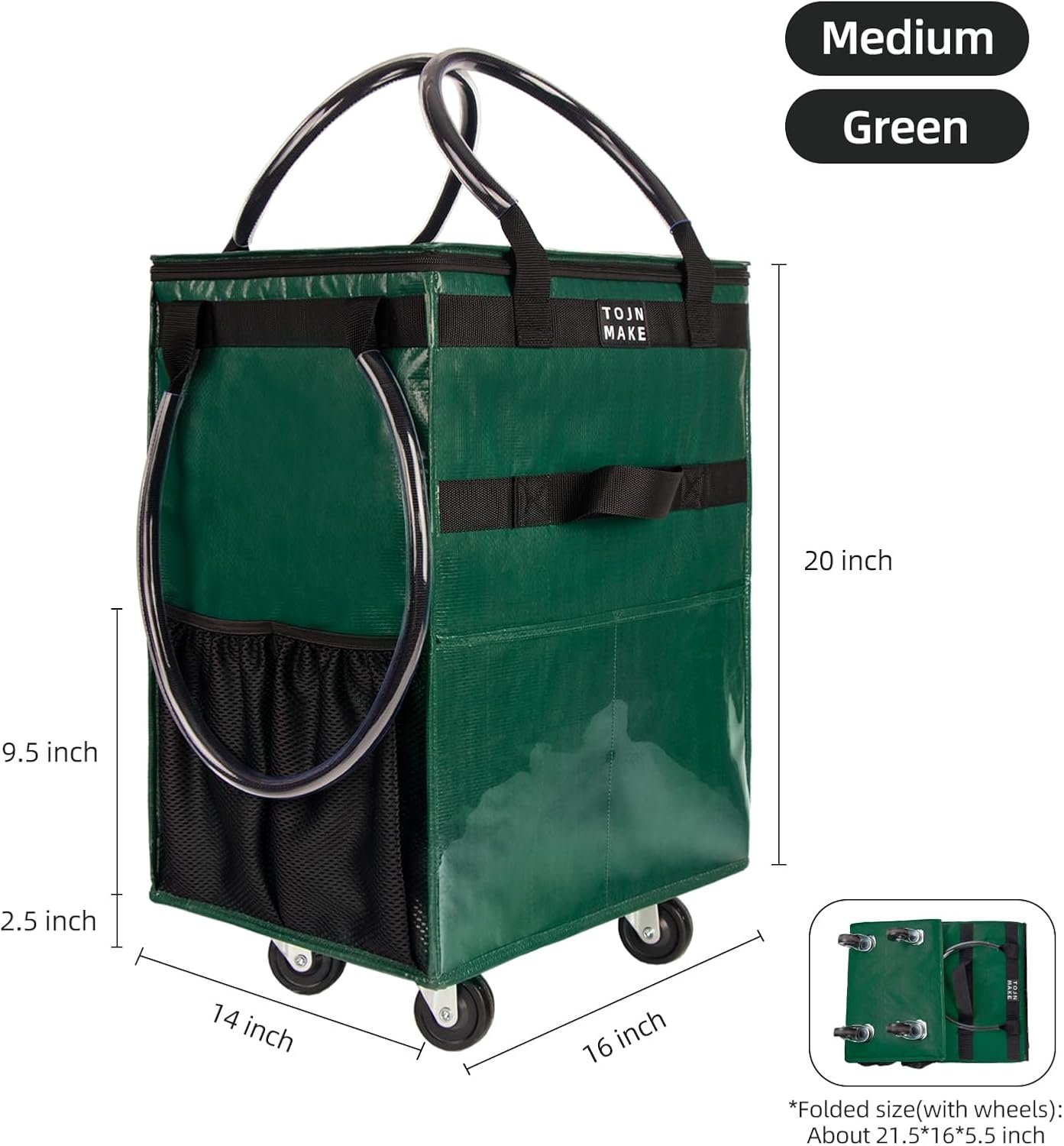 Reusable Grocery Bag On Wheels Shopping Trolley with 8 Pockets and Zipper Cover Foldable Rolling Tote, Heavy Duty Handles, Carries Up to 66 LBS Medium - Image 2