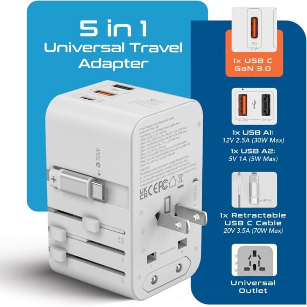Ceptics GAN 70W Universal Travel Adapter with 65cm Retractable USB-C Cable, 2X USB-A (1x QC 3.0), 1x Type C Port (PD 70W), Universal Power Adapter with Type A, C, G, I Output - Image 2