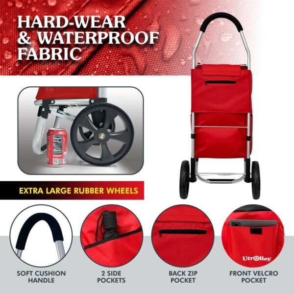 Ultra-Lightweight Foldable Shopping Cart for Groceries - Large 42L Capacity Grocery, Soft Rolling Wheels, Removable Bag, Multi-Use Personal Hand Truck, Red - Image 4