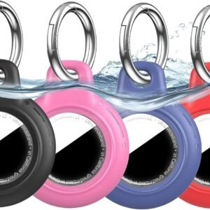 4 Pack Waterproof for Apple for Airtag Holder, for Air Tag Case with Keychain, Hard PC+TPU Shockproof and Scratch-Resistant for Airtags Case for Apple for Air Tags(Black/Rose Red/Blue/Red)