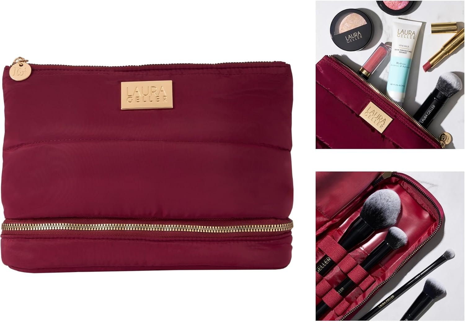 LAURA GELLER NEW YORK Quilted Makeup Bag with Brush Case, Burgundy - Toiletry Bag Organizer for Travel - Large Capacity Full Size Makeup Bag - Easy to Clean - Image 8