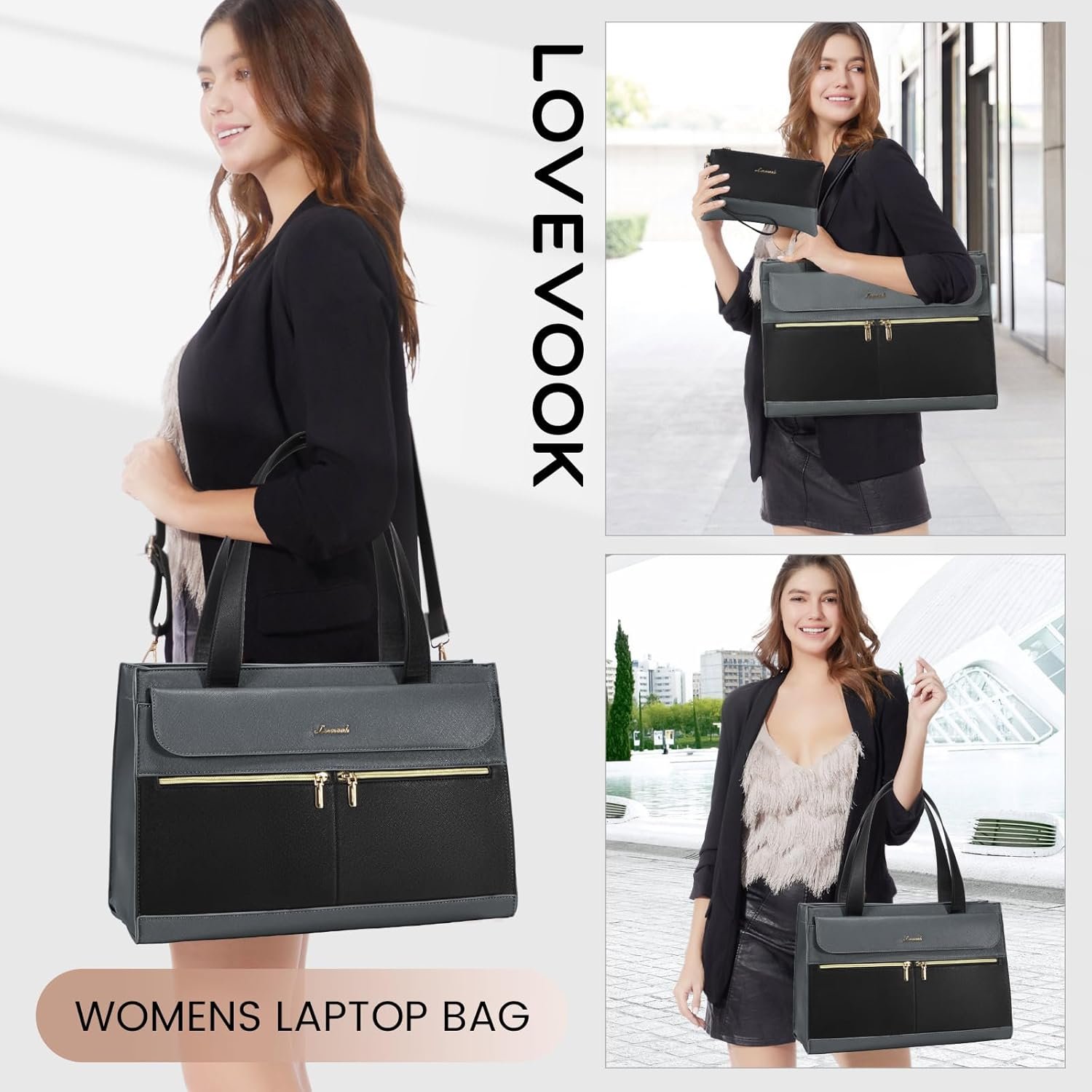 LOVEVOOK Laptop Tote for Women - 15.6 Inch Professional Leather Computer Briefcase - Waterproof Shoulder Bag - Large Capacity Business Teacher Office Bag - Crossbody Purse - Image 2