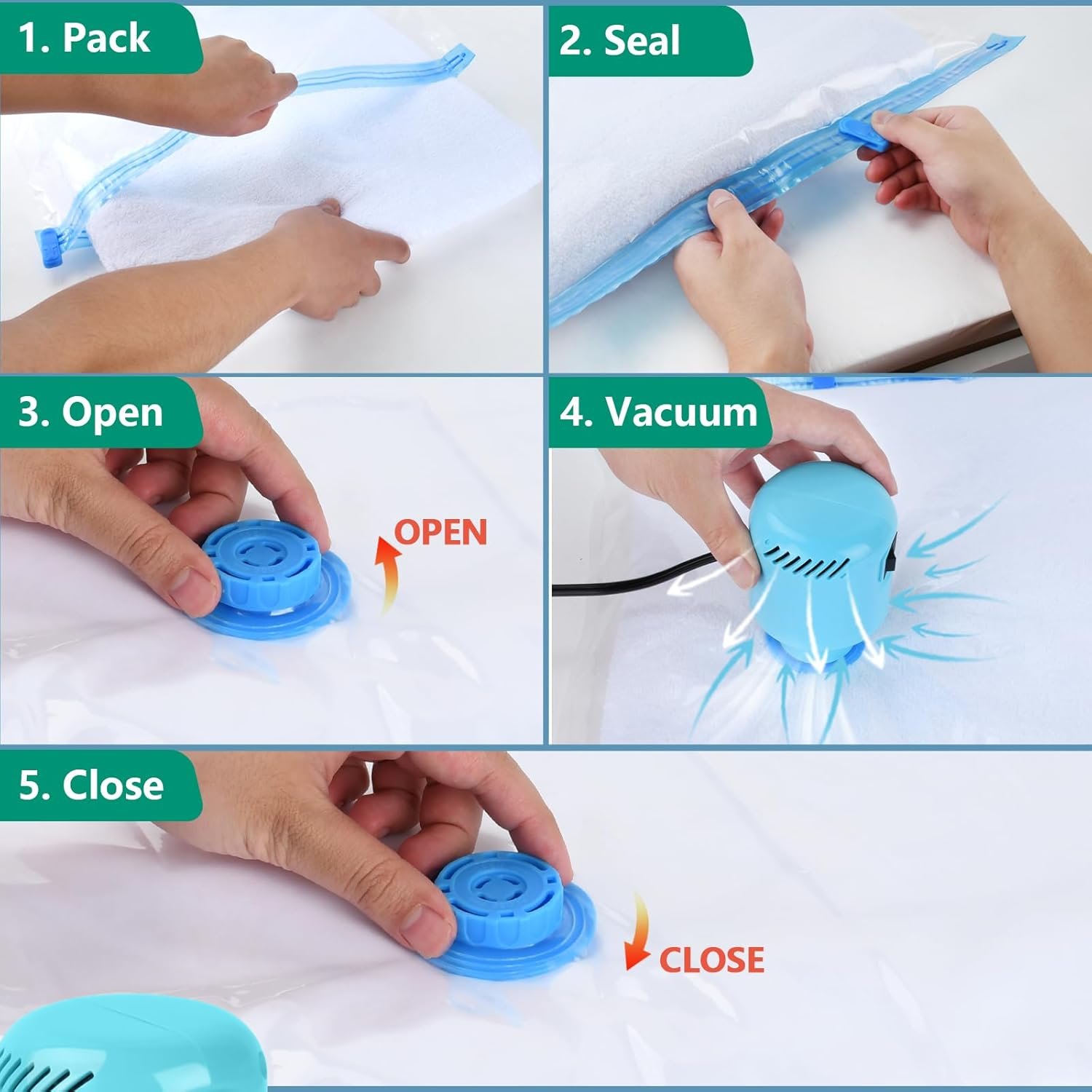 Morecoo Vacuum Seal Bags for Clothing, 6 Pack Vacuum Storage Bags (3 Jumbo/3 Large) with Electric Pump, Packing Cubes Compression Space Saver for Comforters, Blankets - Ideal for Travel - Image 3