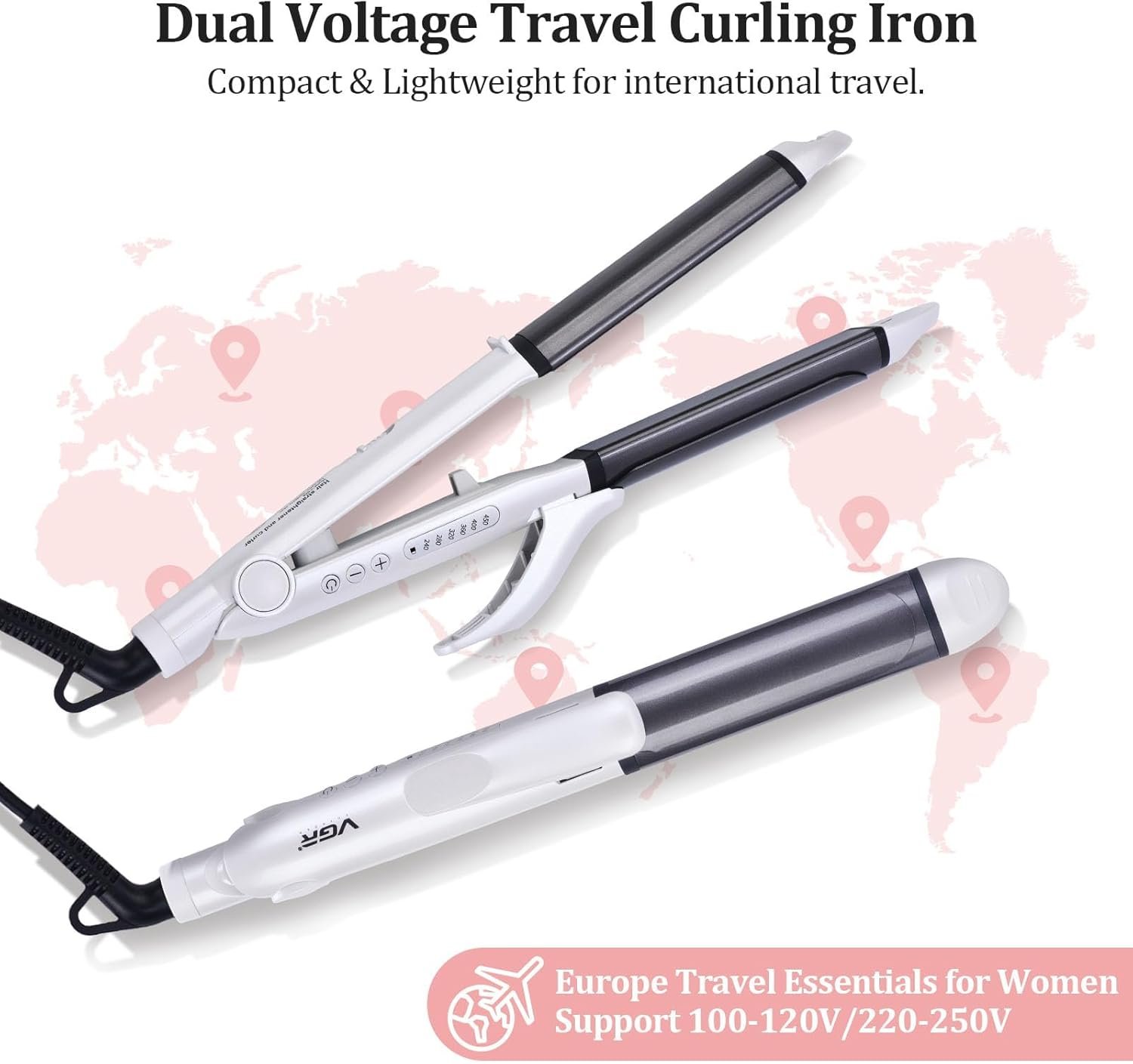 VGR Dual Voltage(100~250V) Travel Curling Iron with European Plug Adapter for International Travel, Europe Travel Essentials for Women, European Travel Must Haves - Image 2