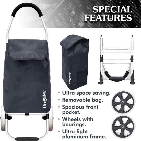 Ultra Lightweight Foldable Shopping Cart for Groceries, Large 40L Capacity Groceries Cart on Soft Rolling Wheels, Removable Bag, Multi-Use Personal Hand Truck (Black) - Image 6