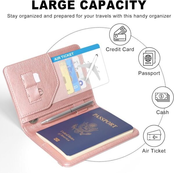 ACdream RFID BLOCKING Passport Holder Travel Wallet, Premium PU Leather Cover Passport Book with Card Holder, Pen Holder, Keep Organization, and Travel Essentials for Women and Men, Rose Gold - Image 4