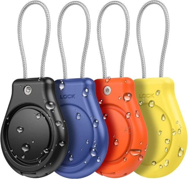 Waterproof AirTag Keychain Holder, Air tag Lock Case with Wire Cable Compatible with Apple AirTags, Durable & Secure Anti-Lost Protective Case with Keyring for Backpack, Key, Luggage (4 Pack)