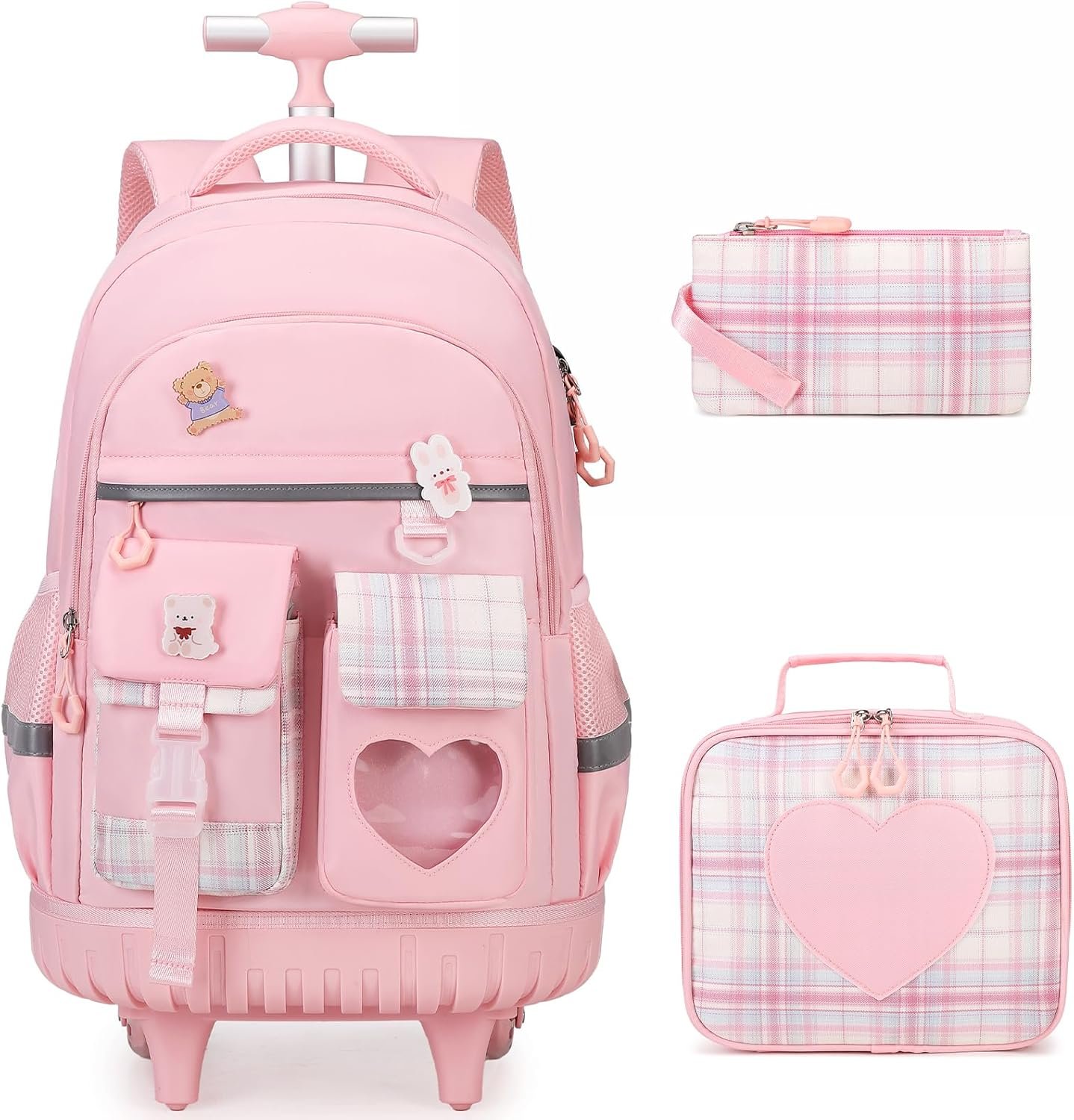 Rolling Backpack for Girls - Roller Wheels School Bookbag with Lunch Bag & Pencil Pouch for Teen Girls Kids Wheeled Suitcase Backpacks, Elementary Middle School Travel Daypack (Pink)