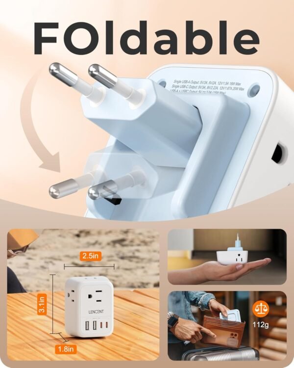 LENCENT European Travel Plug Adapter, Foldable US to Europe Plug Adapter with 4 Outlets, 4 USB (2 USB C) Charger Adapter, Type C Power Adaptor for USA to Italy Spain France Portugal Iceland Germany - Image 3